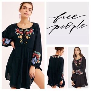 Free People Boho Black Floral Embroidered Long Balloon Sleeve Mini Dress